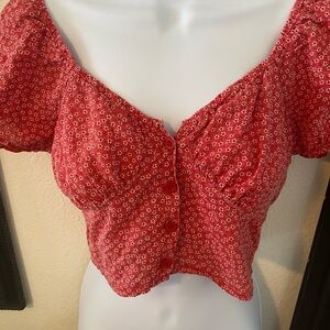 Princess Polly Pink Cropped Blouse with V-Neck and Puff Sleeves